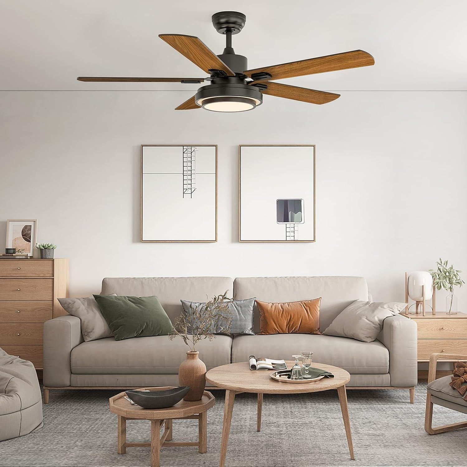 Indoor Ceiling Fans with Lights and Remote Control, 52 Inch, 6 Speeds Reversible DC Motor, 3 Color Dimmable Light, Timer, Noiseless, Black/Dark Walnut, 5-Blades