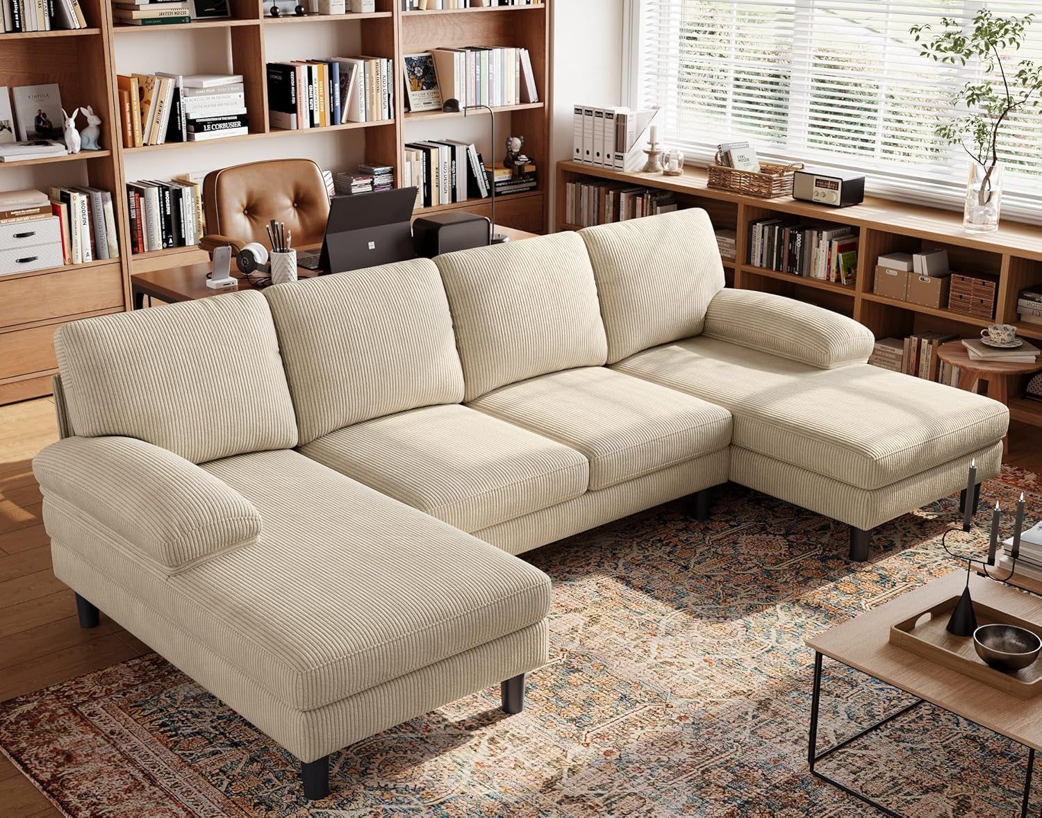 Sectional Couch, 111&#39;&#39; W Corduroy U Shaped Sofa with Sleepable Armrests, 4 Seat Couch with Double Chaises, Deep Sofa for Living Room, Beige