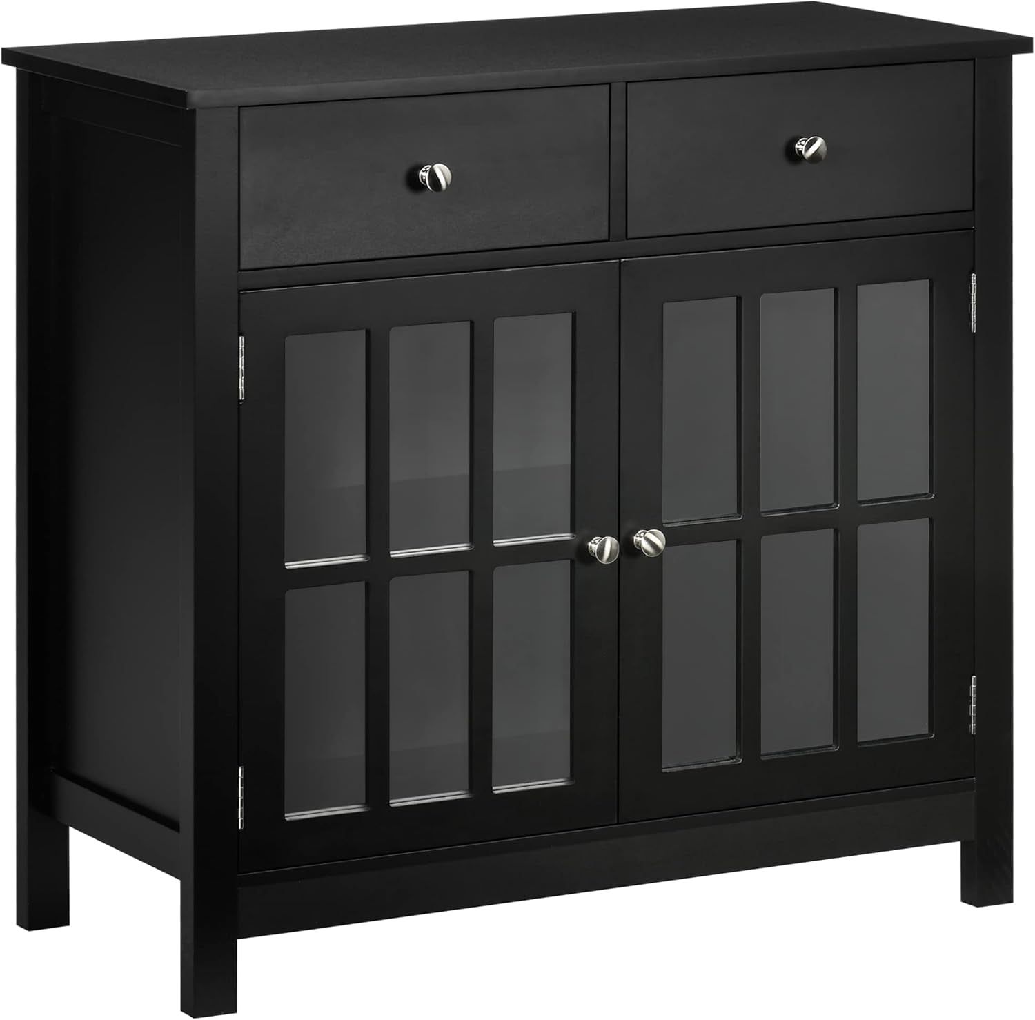 Sideboard Buffet Cabinet, Accent Kitchen Cabinet with Glass Doors, Adjustable Shelf and 2 Drawers for Kitchen, Black