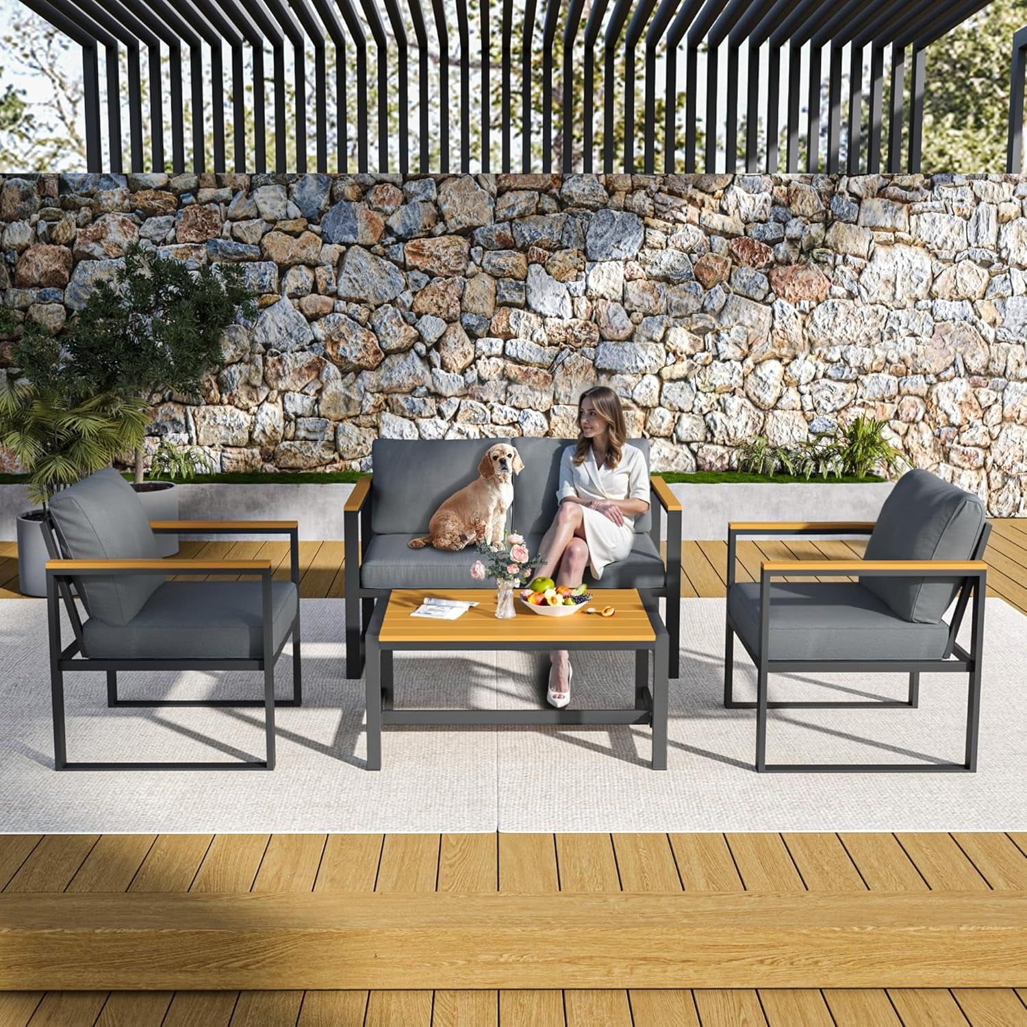 4 Pieces Outdoor Patio Furniture Set, Modern Metal Balcony Furniture with Plastic-Wood Coffee Table, All-Weather Outdoor Furniture Set with Thick Cushion for Balcony, Porch, Gray