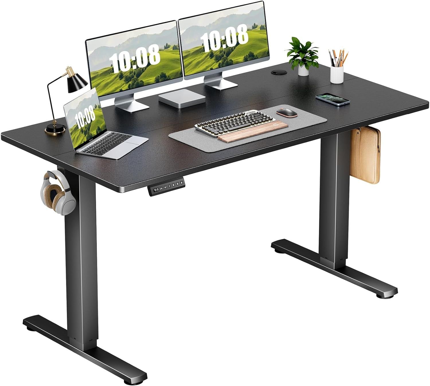 Electric Adjustable Height Standing Desk - 55 X 24 Inch Sit to Stand up Desk with Splice Board, Rising Home Office Computer Table with 2 Hook and Wire Hole for Work