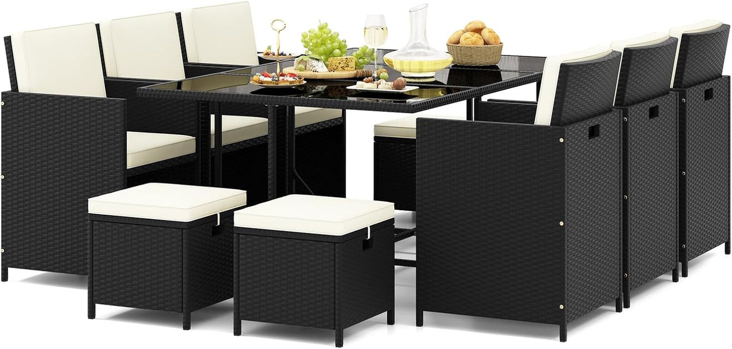11 Pieces Patio Dining Set, Space-Saving Wicker Chairs &amp; Tempered Glass Table with Ottomans, Thick Soft Cushions, Outdoor Conversation Furniture Set for Garden Yard Poolside