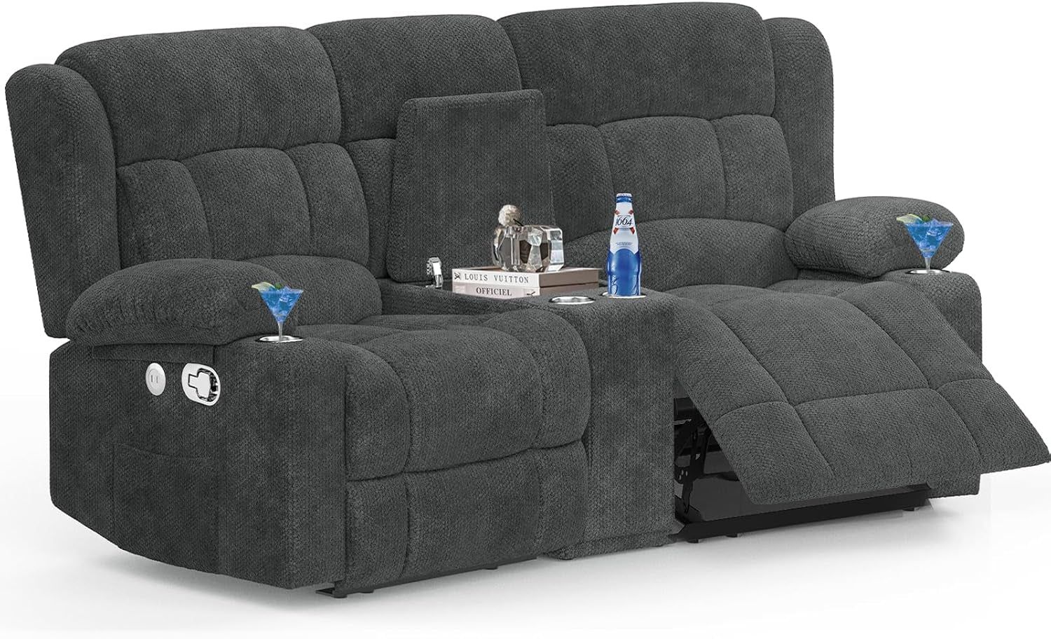 Loveseat Recliner Sofa, 2 Seater Curved Sofa for Living Room, Reclining Loveseat Sofa with Storage Console, Fabric Manual Pull Tab Reclining Loveseat with USB Charge Ports, Cup Holders (Grey)