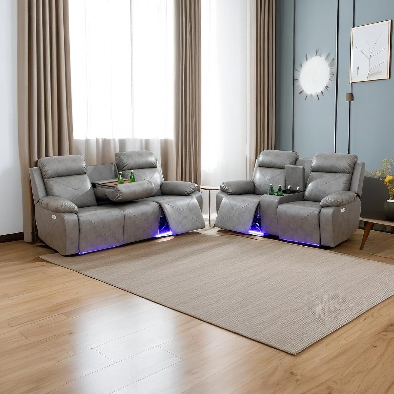 Power Leather Recliner Sofa Sets, 2 Pieces Living Room Furniture Sets with LED Lights, Grey Reclining Sofa Sets with USB Port for House/Office/Rv(A-Grey, Sofa+Loveseat)