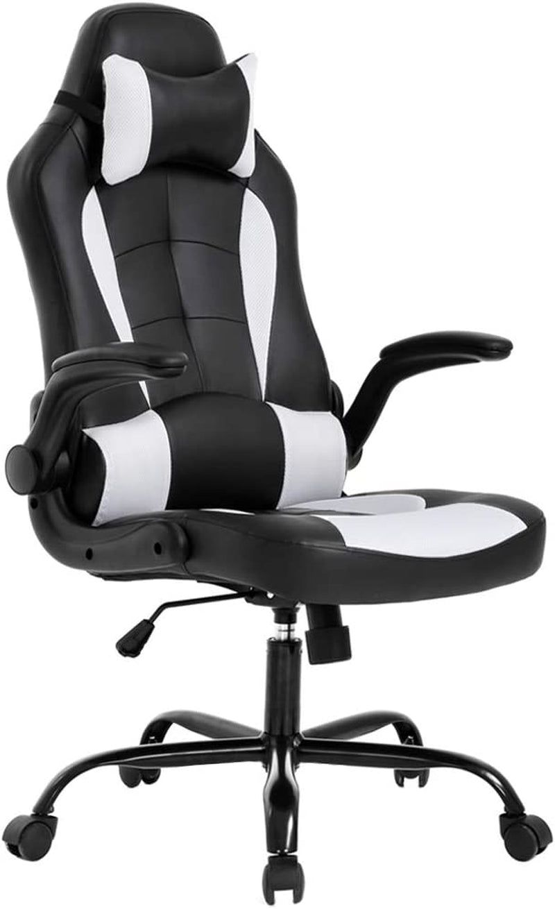 PC Gaming Chair Ergonomic Office Chair Desk Chair with Lumbar Support Flip up Arms Headrest PU Leather Executive High Back Computer Chair for Adults Women Men (White)