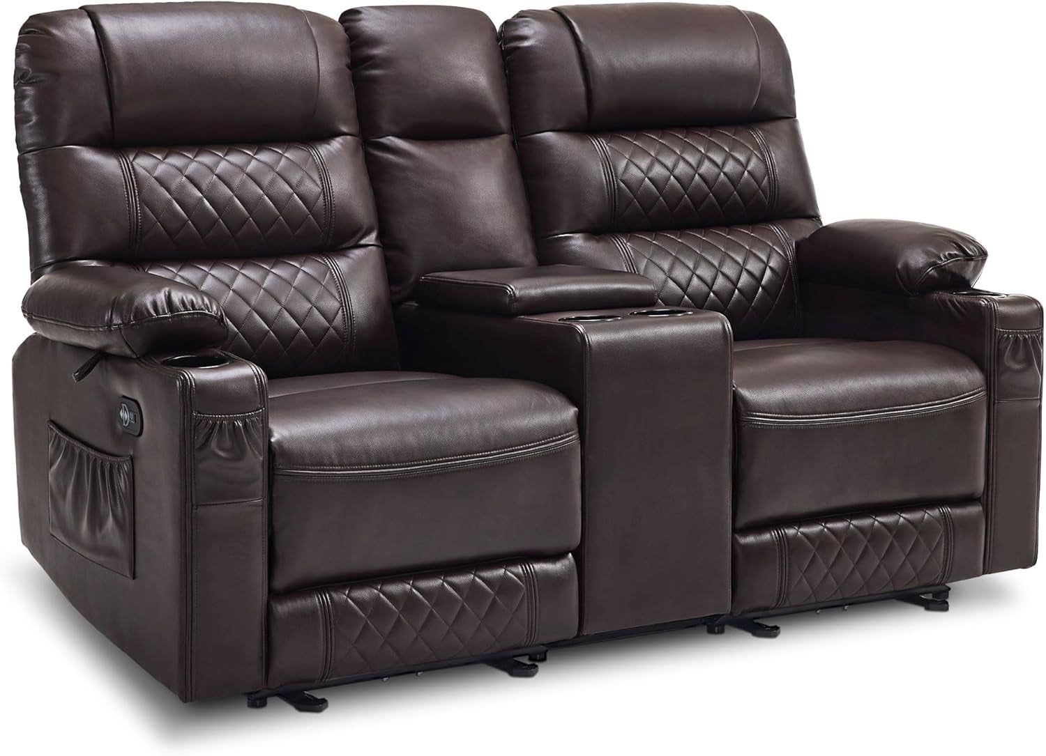 Power Loveseat Recliner with Console, Electric Reclining Loveseat with Heat and Vibration, Cup Holder, USB Charge Port, Faux Leather Recliner Sofa Pr622Sets (Dark Brown, Loveseat with Console)