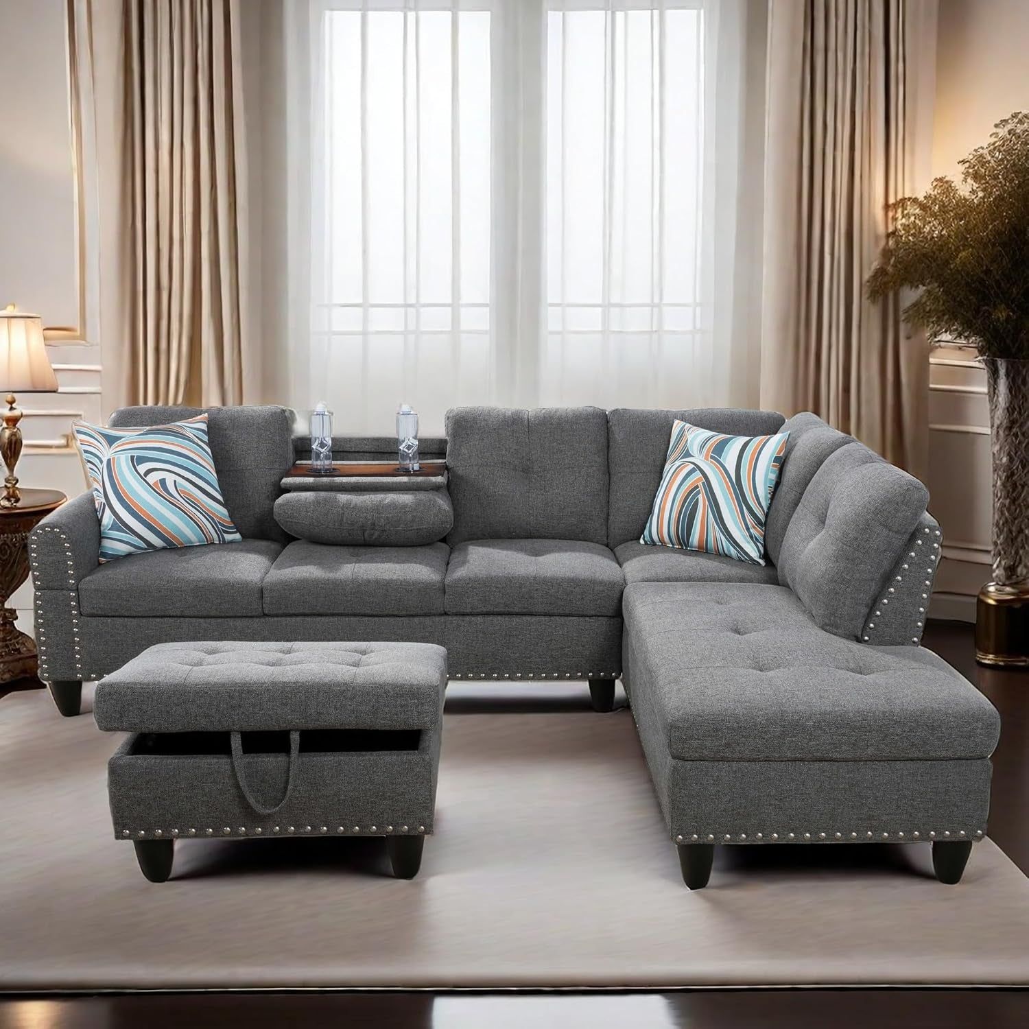 Grey Modern 4-Seat L-Shaped Sectional with Ottoman