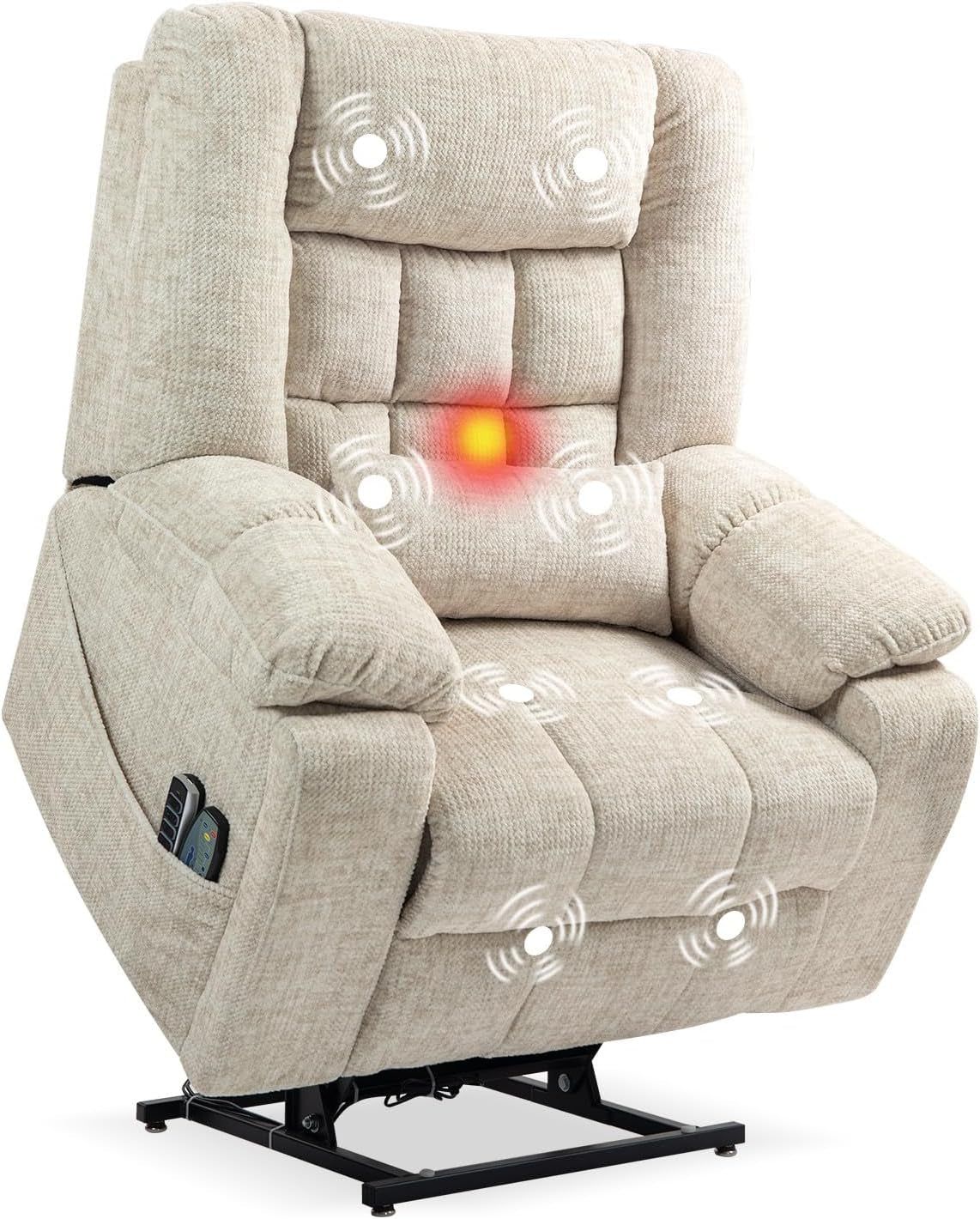 Power Lift Recliner Chair for Elderly with Massage and Heat, 4-Motor Adjustable Headrest, Backrest, Lumbar and Footrest, Equipped with 2 Hidden Cup Holders and 2 Remote Controls, Cream White