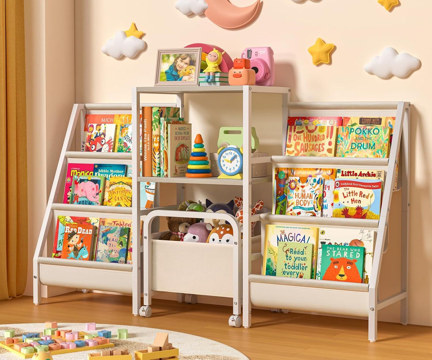 Kids Bookshelf and Toy Storage,2 Sided Montessori Bookshelf, Large Toddler Book Shelf with Movable Toy Bin,6 Tiers Baby Bookshelf,Sturdy Nursery Bookcase,Child Bookshelf for Playroom Classroom