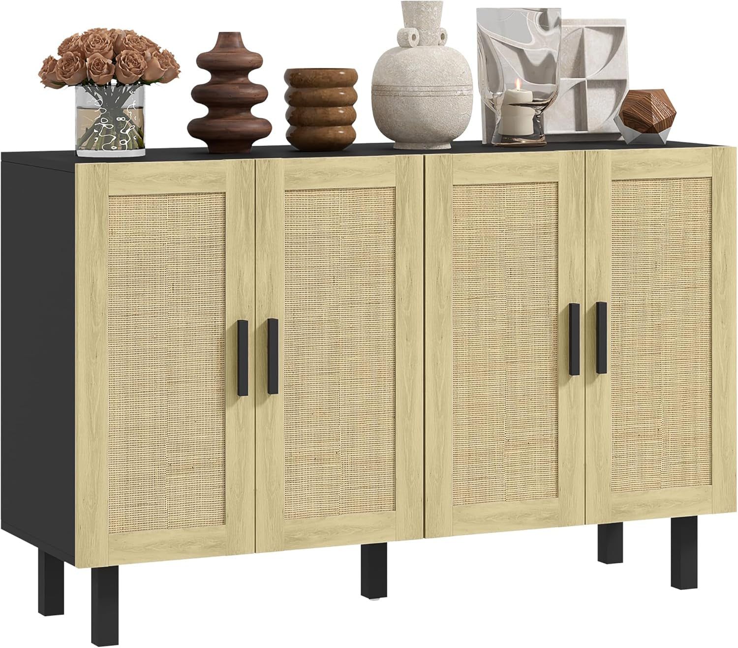 Sideboard Buffet Cabinet, Kitchen Cabinet, Coffee Bar Cabinet with 4 Rattan Doors and Adjustable Shelves, Black and Natural