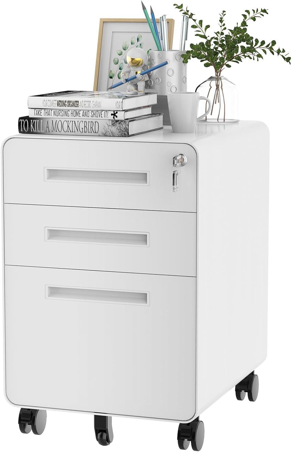 Mobile File Cabinet for Home Office 3 Drawer File Cabinet under Desk Storage Filing Cabinet for Legal/Letter/A4 File,Round Corner Design,White