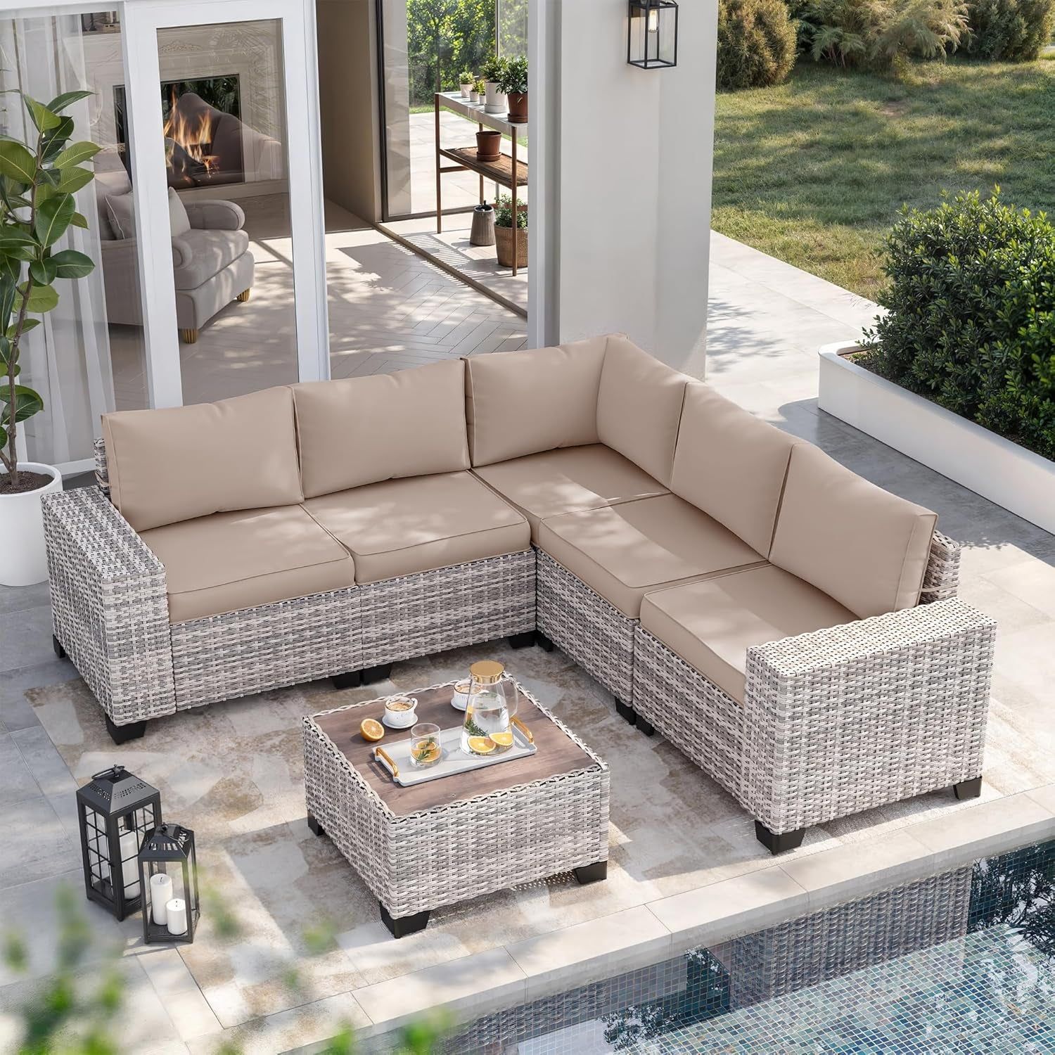 6-Piece Outdoor Patio Furniture Set Wicker Sectional Sofa Set, Patio Conversation Set with Thickened Cushions &amp; Coffee Table for Garden, Backyard, Poolside, Beige