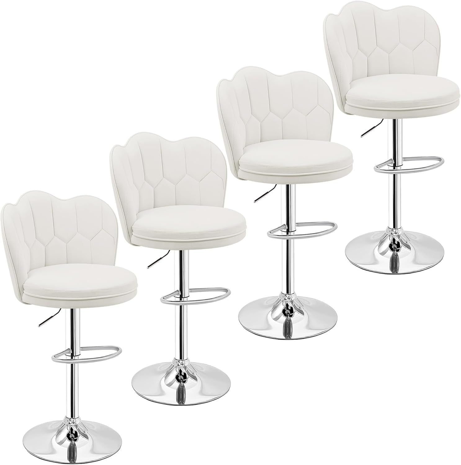 Bar Stools Set of 4, Adjustable Barstools with Back, Velvet Armless Counter Height Stool Kitchen Island Stool Swivel Bar Stools, White