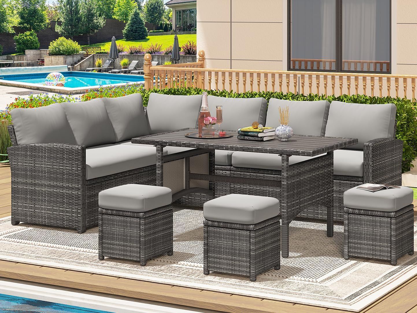 7 Pieces Patio Furniture Set, Outdoor Sectional Sofa Conversation Set, All Weather Wicker Rattan Dining Table &amp; Chair with Ottoman, Grey Rattan&amp;Grey Cushion