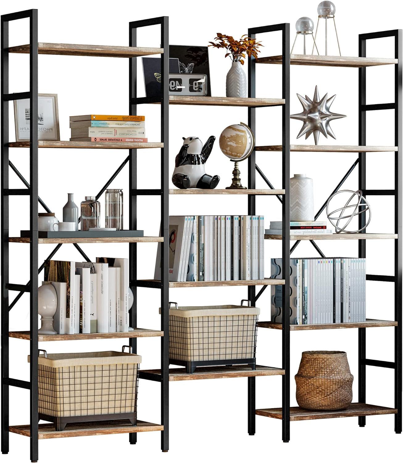 Bookcases and Bookshelves Triple Wide 5 Tiers Industrial Bookshelf, Large Etagere Bookshelf Open Display Shelves with Metal Frame for Living Room Bedroom Home Office