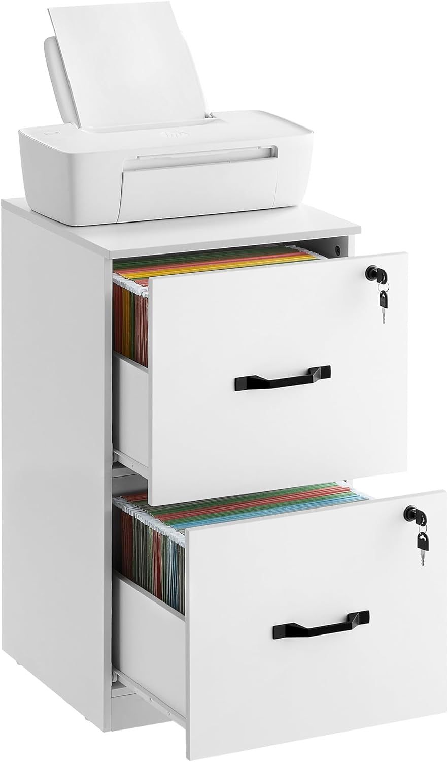 2 Drawer File Cabinet, File Cabinet with Lock, Printer Stand, Office Filing Cabinet Organizer, for A4 and Letter Size Files, Cloud White UOFC061W14