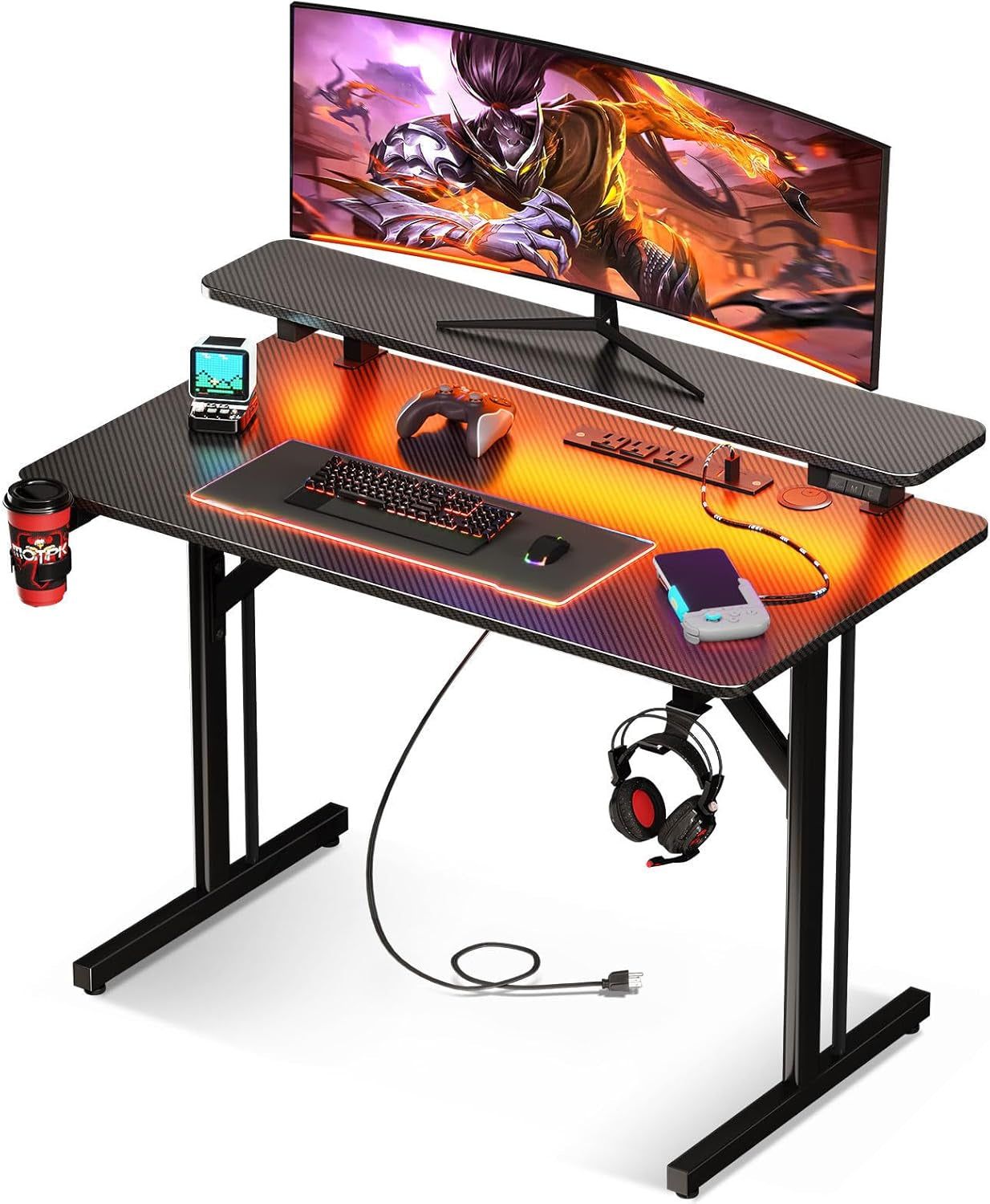 31 Inch Small Gaming Desk with LED Lights &amp; Power Outlets, Computer Desk Gaming Table with Monitor Shelf, Gamer Desk with Carbon Fiber Texture, Kids Boys Desk Gift for Men