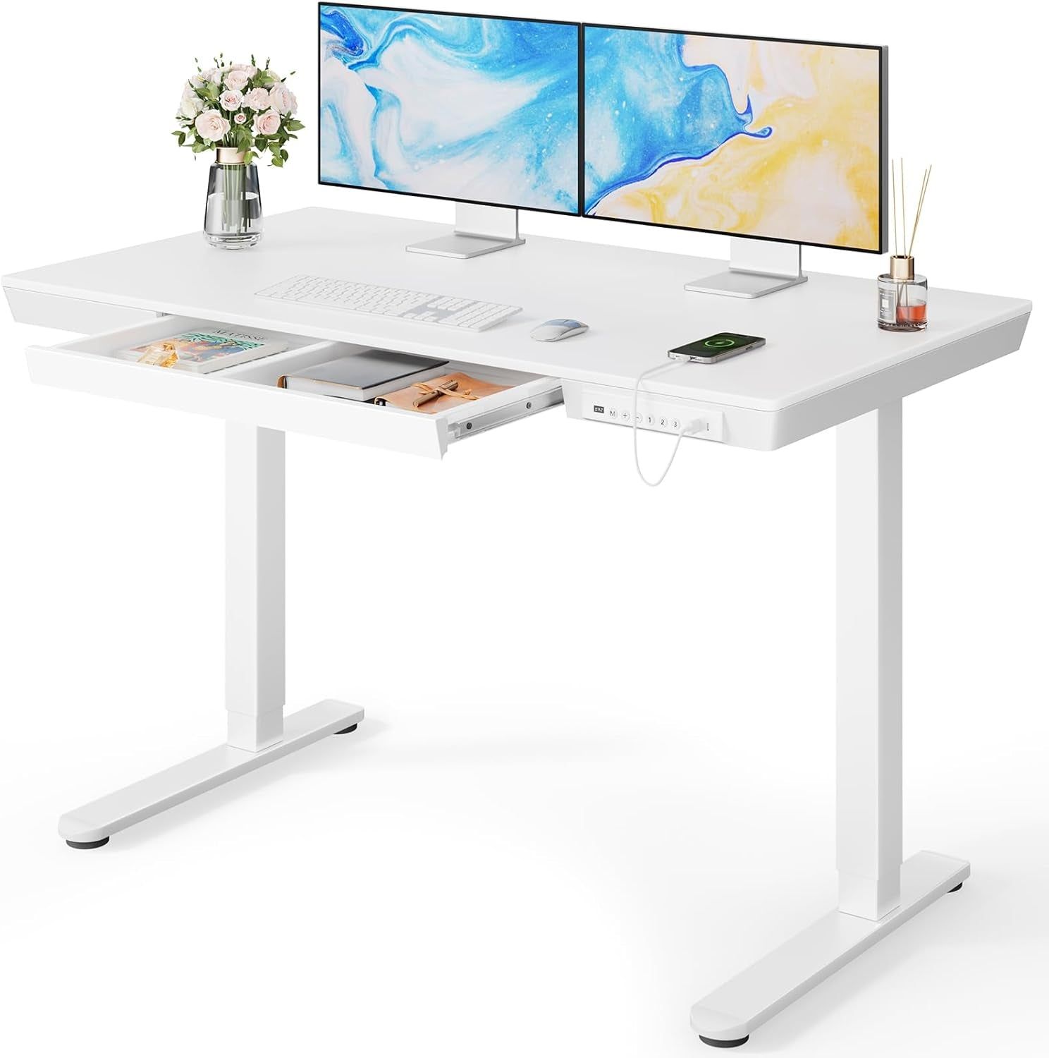 Standing Desk with Drawer, 48 X 24 Inch Whole Piece Tabletop Electric Standing Desk, Height Adjustable Desk with USB Charging Ports, Sit Stand Desk with Storage for Home &amp; Office White