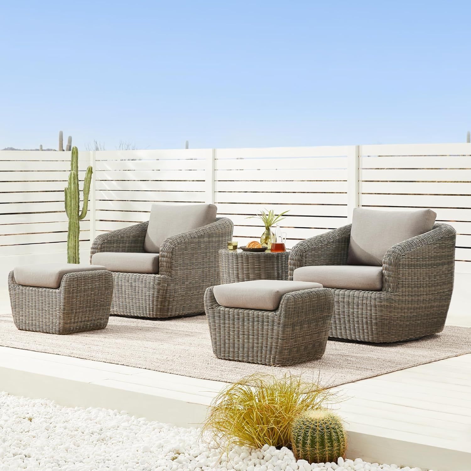 5 Pieces Patio Wicker Furniture Set, Outdoor Rattan Bistro Set with Removable Thickened Cushions, Fully Assembled(Gray Cushions with Brownish Gray Wicker)