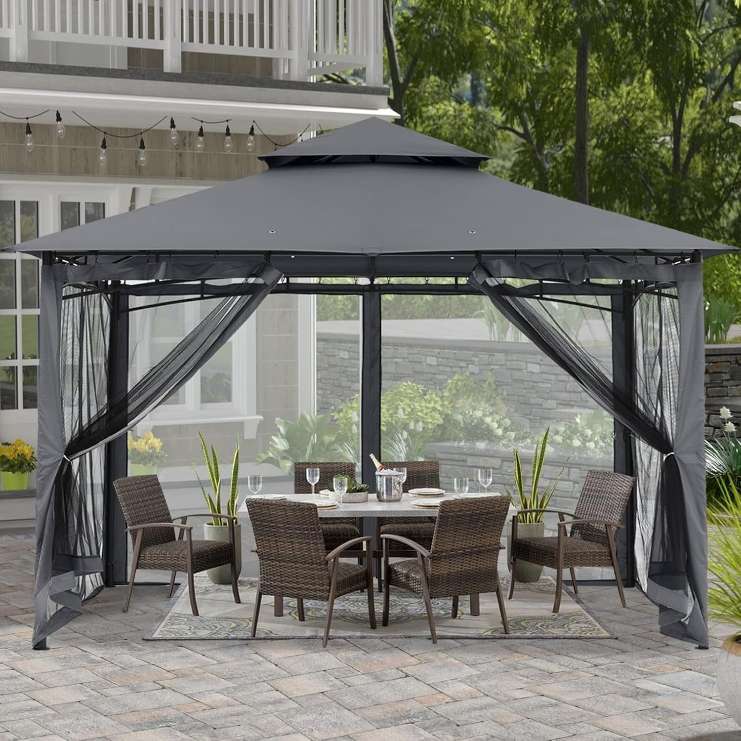 10x12 Patio Gazebo Steel Frame Mosquito Netting Gray