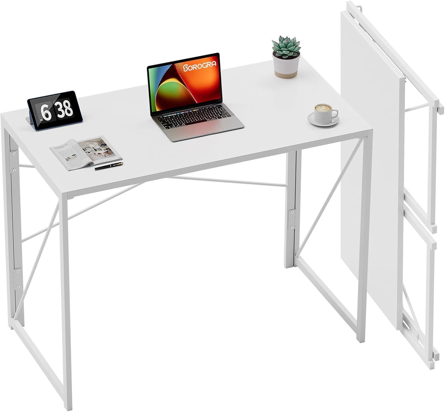 Small Folding Desk 31.5 Inch White Desks, No Assembly Required Computer Desk Spaces Saving Foldable Table for Bedroom, Home Office, Dorm, Apartment, Kids