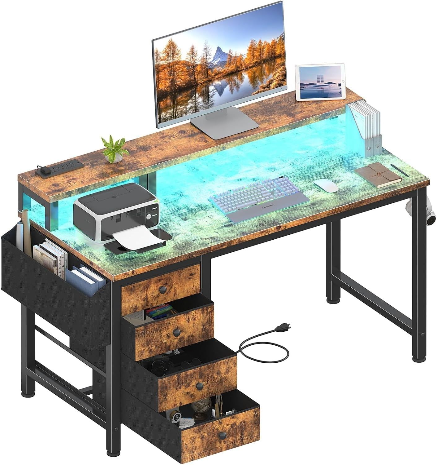 Computer Desk with Fabric Drawers, 47 Inch Home Office Desk with Monitor Stand, Gaming Desk with LED Lights and Power Outlets, Rustic Brown
