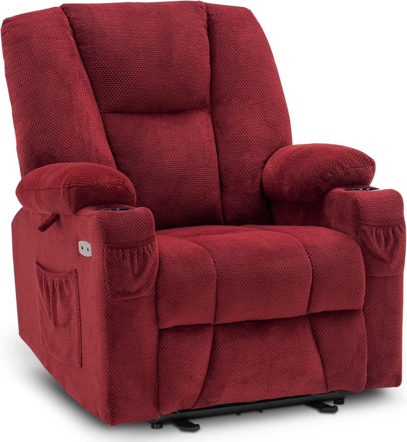 Fabric Electric Power Recliner Chair with Heat and Vibration, Cup Holders, USB Ports, Powered Reclining for Living Room 8015 (Burgundy, Single Recliner)