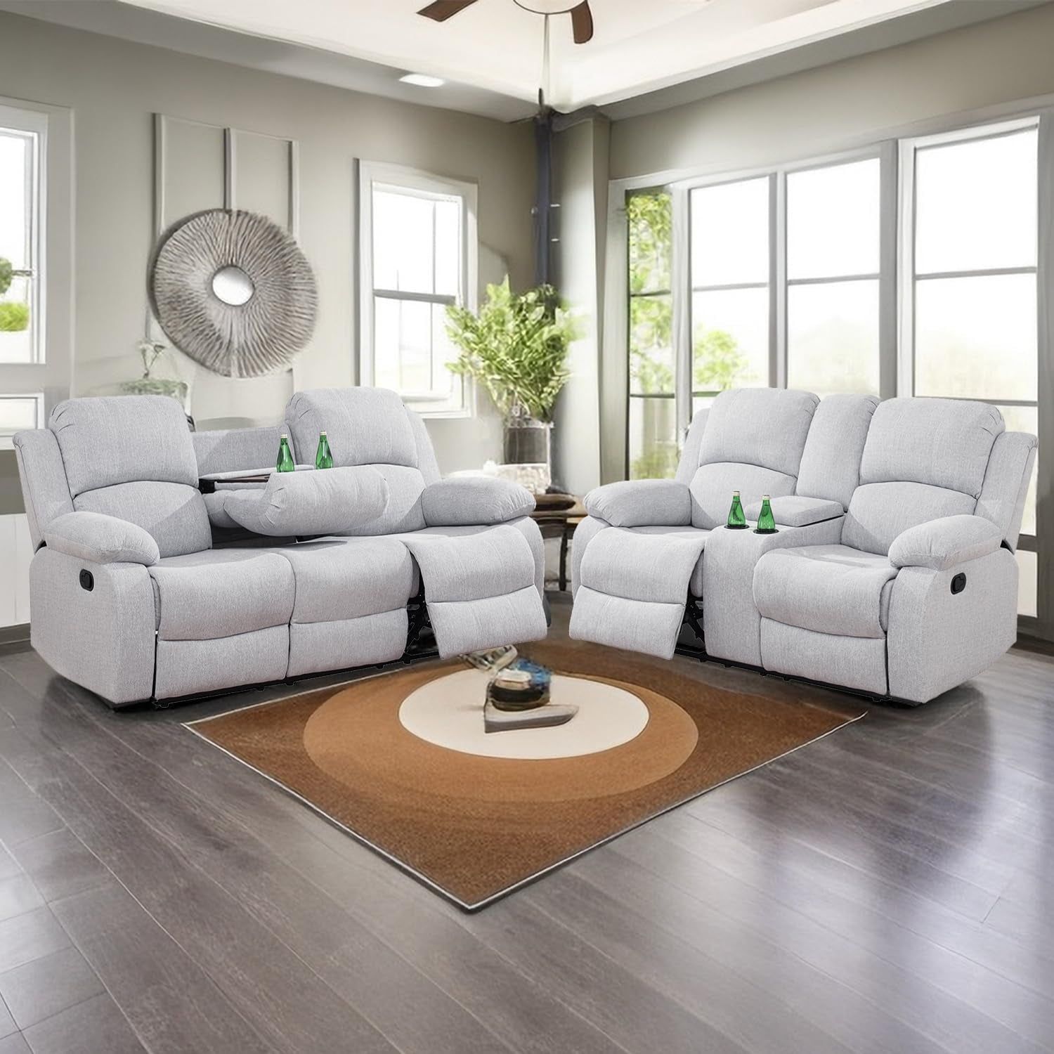 Recliner Sofa Set for Living Room Furniture Set, Reclining Sofa and Loveseat Set for Reclinier Sofa with Drop down Table/Double Recliner Loveseat with Storage Console/Grey Linen