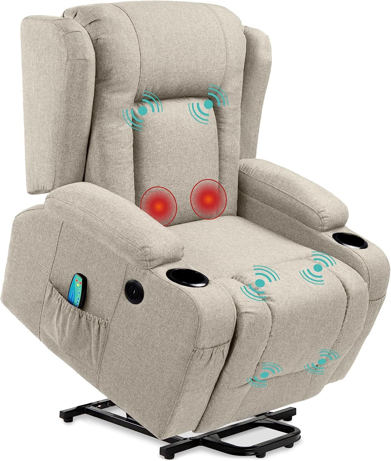 Modern Linen Electric Power Lift Chair, Recliner Massage Chair, Adjustable Furniture for Back, Legs W/ 3 Positions, USB Port, Heat, Cupholders, Easy-To-Reach Button - Greige