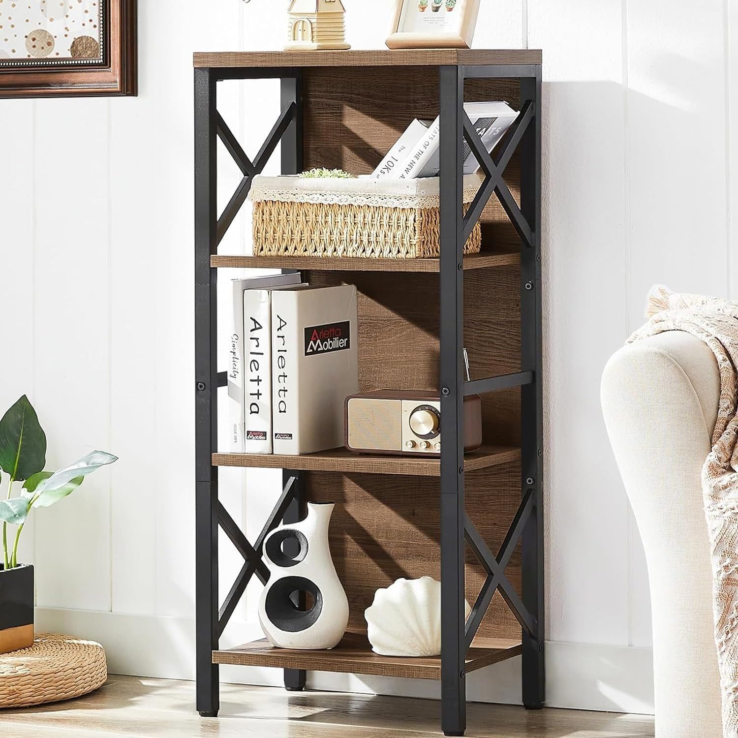 Small Bookcase,4 Tier Industrial Bookshelf with Metal Frame and Backboard,Narrow Rustic Brown Book Shelf,Small Book Case for Small Spaces,Living Room,Bedroom and Home Office