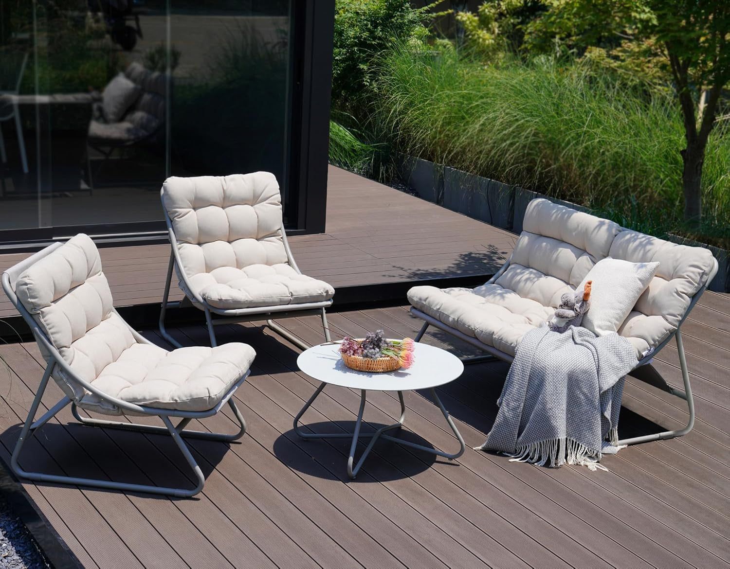 Outdoor Sofa Set, Comfy E-Coated Outdoor Furniture Set for 4 Person with Thick Olefin Cushions, Samba Patio Conversation Set with Coffee Table for Backyard,Garden,Porch,Poolside, Beige
