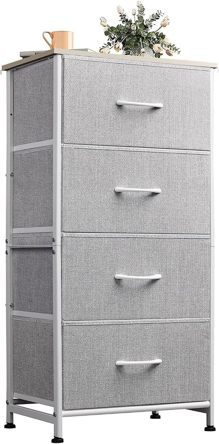 4 Drawers Dresser for Bedroom, Light Grey Fabric Clothes Storage Organizer Unit, Dresser for Hallway, Entryway, Closets, Sturdy Steel Frame, Wood Top