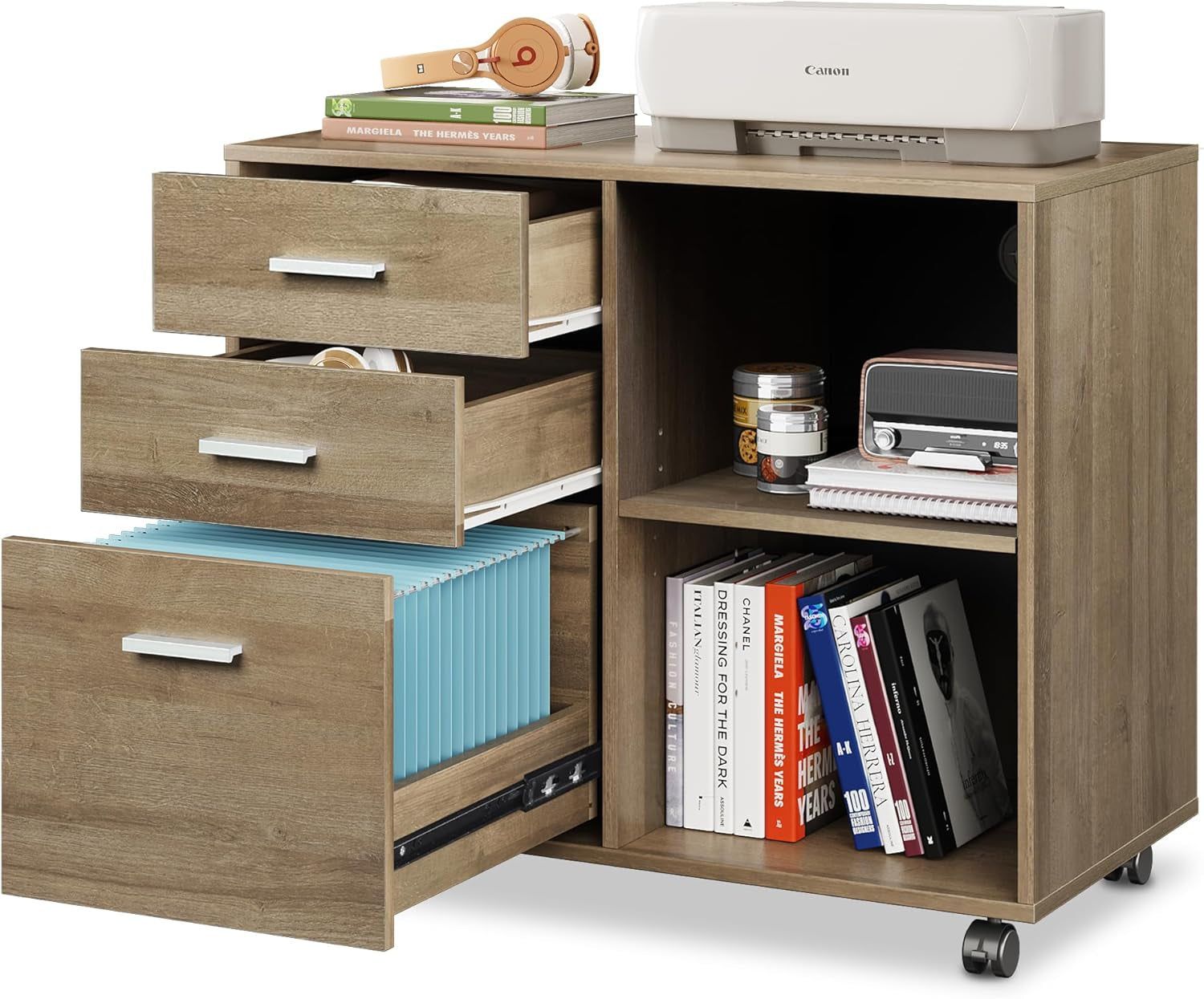 3 Drawer Mobile File Cabinet, Wood Lateral Filing Cabinet, Printer Stand with Open Shelves for Home Office, Gray Oak