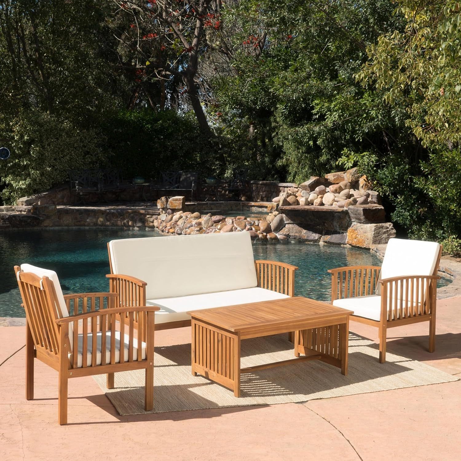Patio Furniture Set 4 Pieces Outdoor Acacia Wood Conversation Sets with Coffee Table &amp; Cushions, Garden Conversation Bistro Sets for Patio, Lawn, Yard, Pool or Backyard, Brown