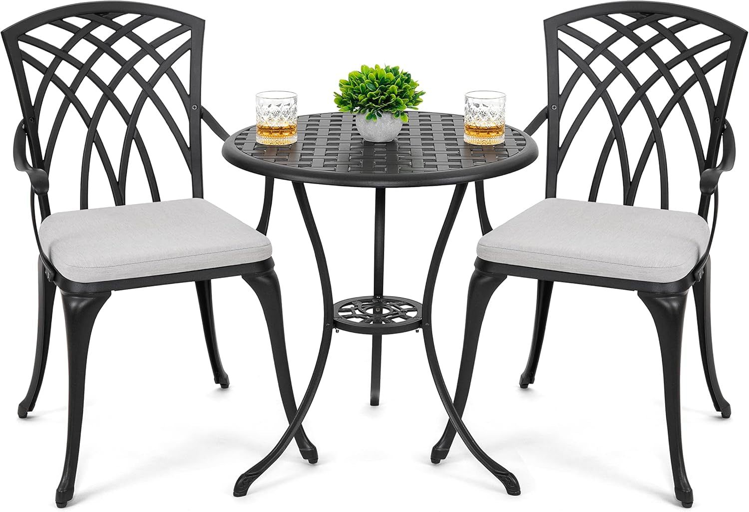 Bistro Set 3 Piece Outdoor Cast Aluminum Patio Bistro Set Patio Table and Chairs Set of 2 with Umbrella Hole and Gray Cushions, Black