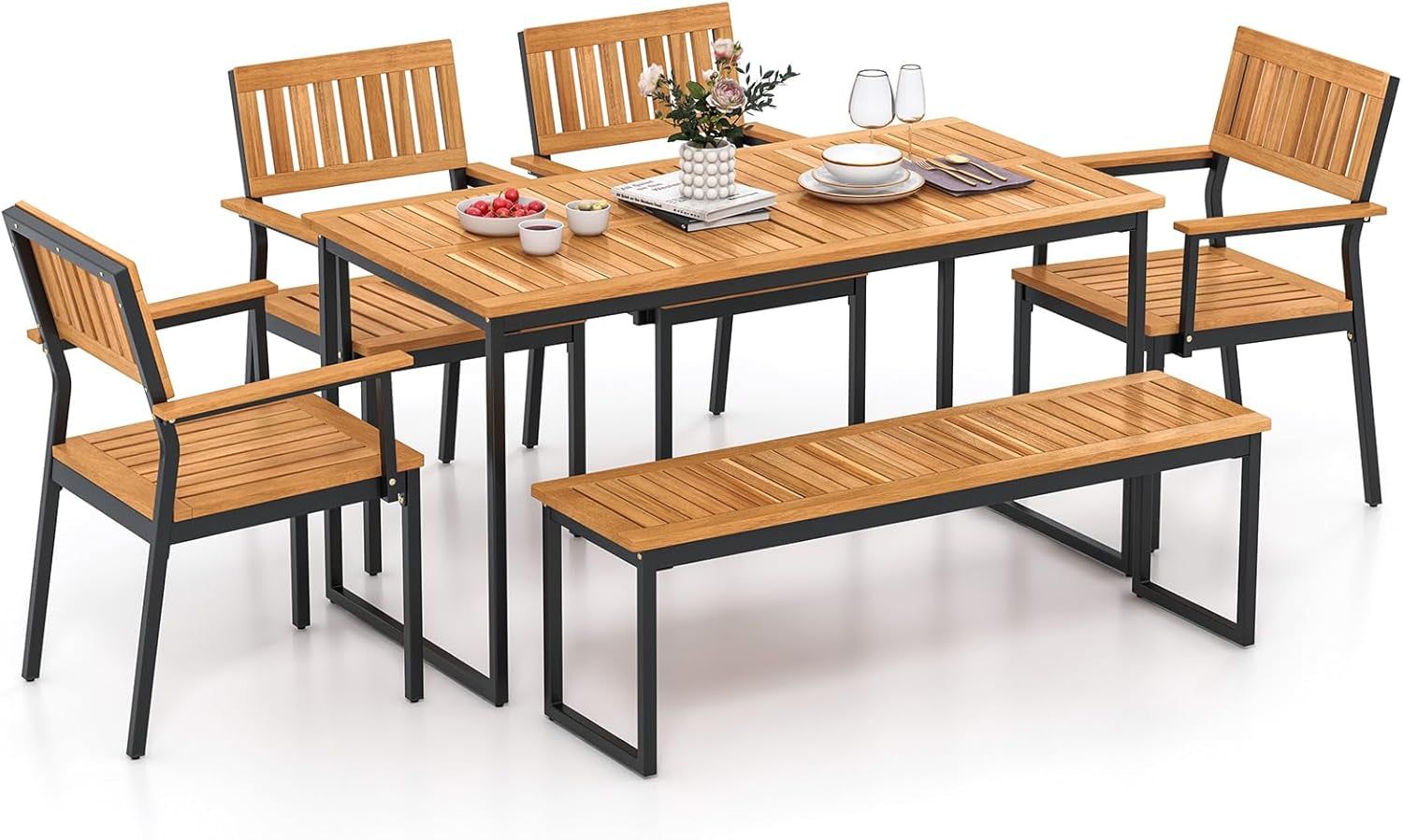 6 Pieces Outdoor Acacia Wood Dining Set, Patio Table and Chairs Set with Bench for 6-7 People, Outdoor Dining Furniture Set with 2&quot; Umbrella Hole for Garden, Backyard and Poolside