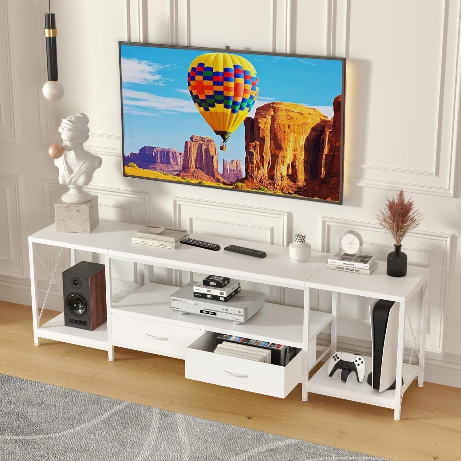 TV Stand with Fabric Drawers for 55 60 65 Inches TV - Entertainment Center and Industrial TV Console Table with Open Storage Shelves for Living Room, Bedroom - 55.1&quot; White