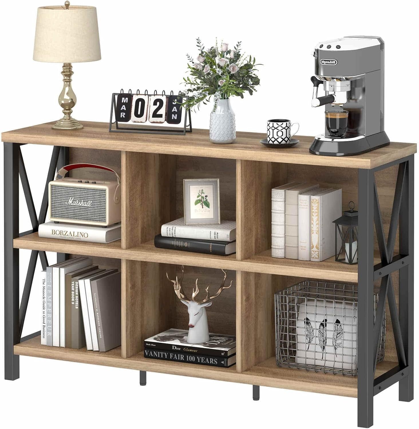 6 Cube Storage Organizer with Shelf, Long Wood and Metal Cubby Bookcase, Industrial Horizontal Bookshelf (Rustic Oak, 47 Inch)