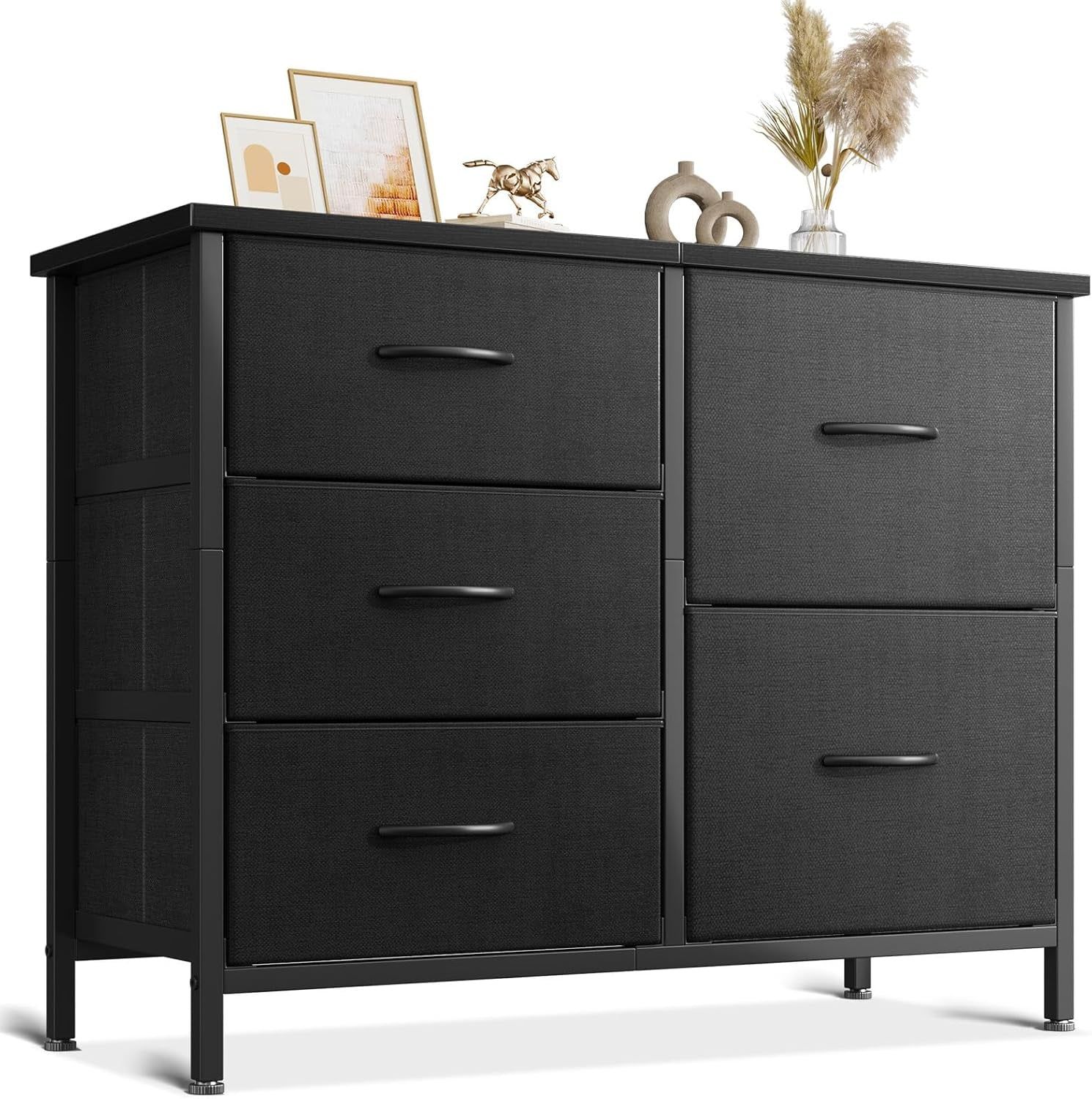 Dresser for Bedroom Dresser TV Stand with 5 Storage Drawers, Small Fabric Dresser Chest of Drawers for Closet Organizer Clothes, Black