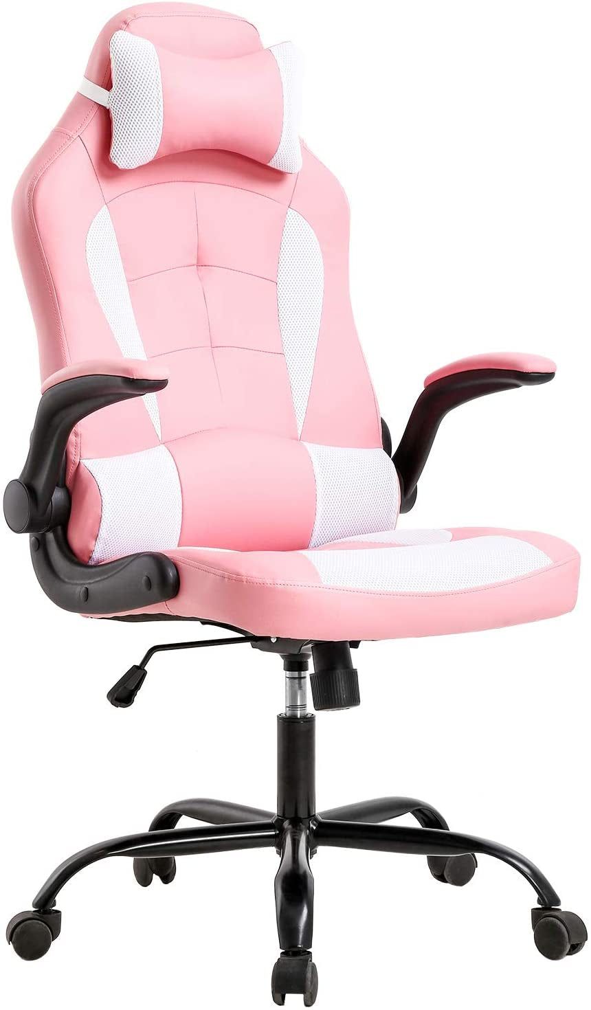 Gaming Chair Office Chair Desk Chair with Lumbar Support Flip up Arms Headrest Swivel Rolling Adjustable PU Leather Racing Computer Chair for Girls,Pink