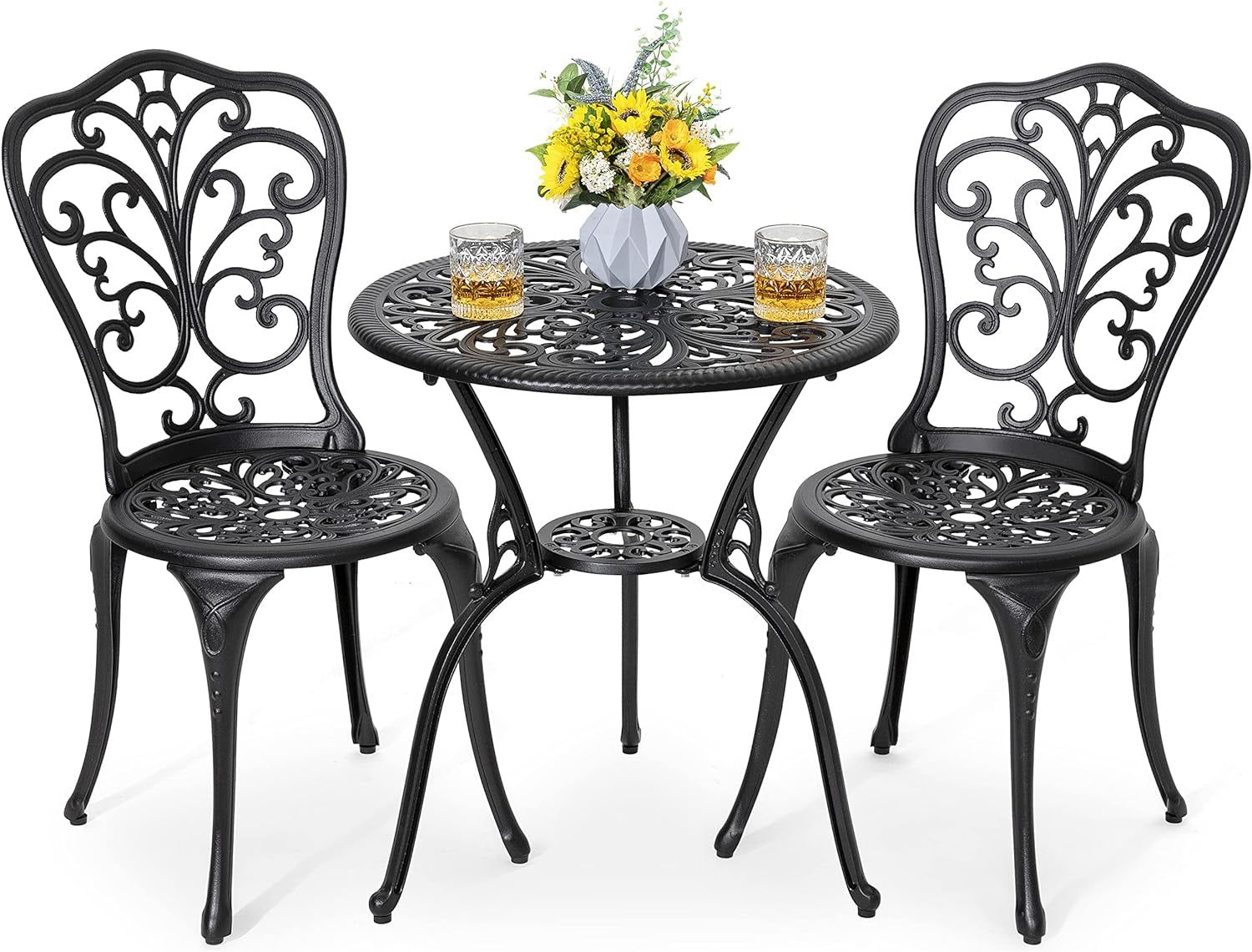 3 Piece Bistro Set Outdoor, All Weather Cast Aluminum Patio Bistro Sets Patio Table and Chairs Set of 2 with Umbrella Hole for Yard, Balcony, Black, Butterfly Backrest
