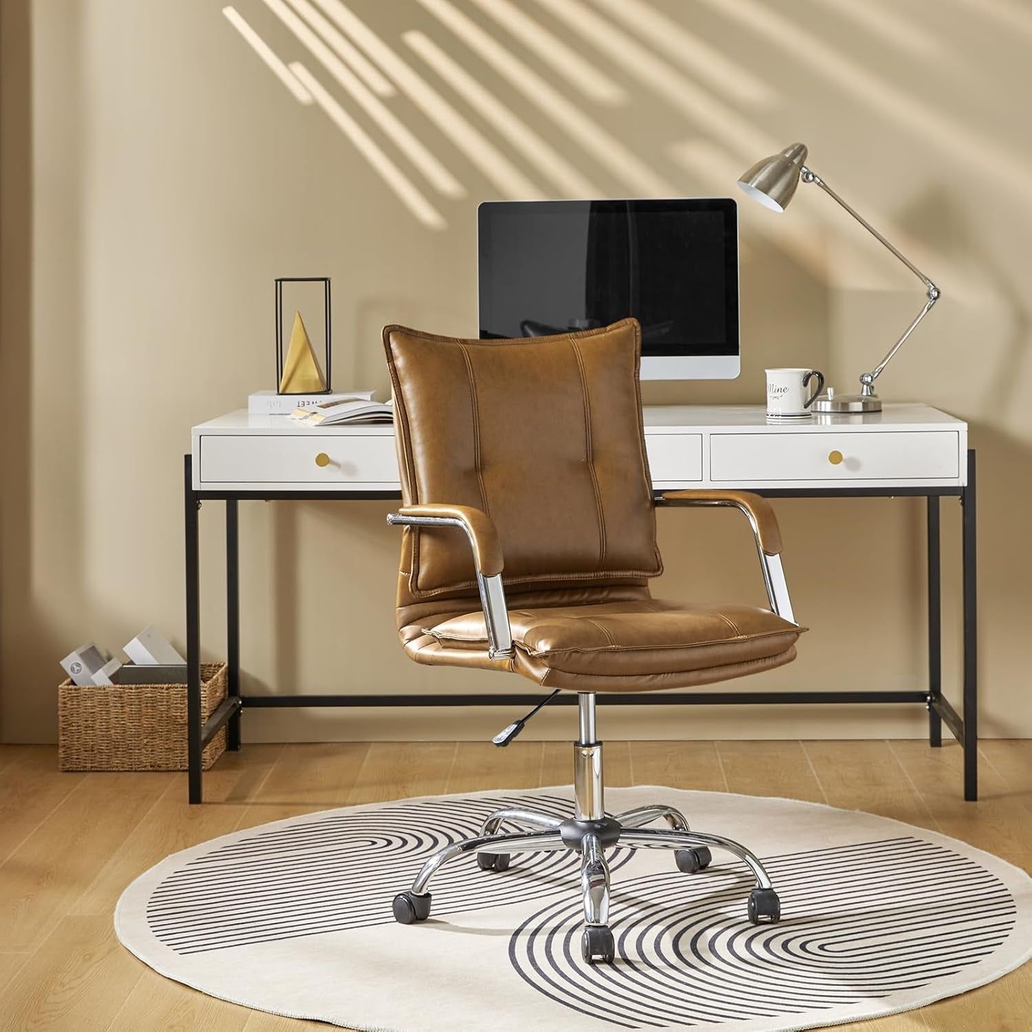 Faux Leather Home Office Desk Chair, Adjustable Swivel Computer Chair with Sliver Legs and Arms, Comfy Upholstered Task Chair(Camel)