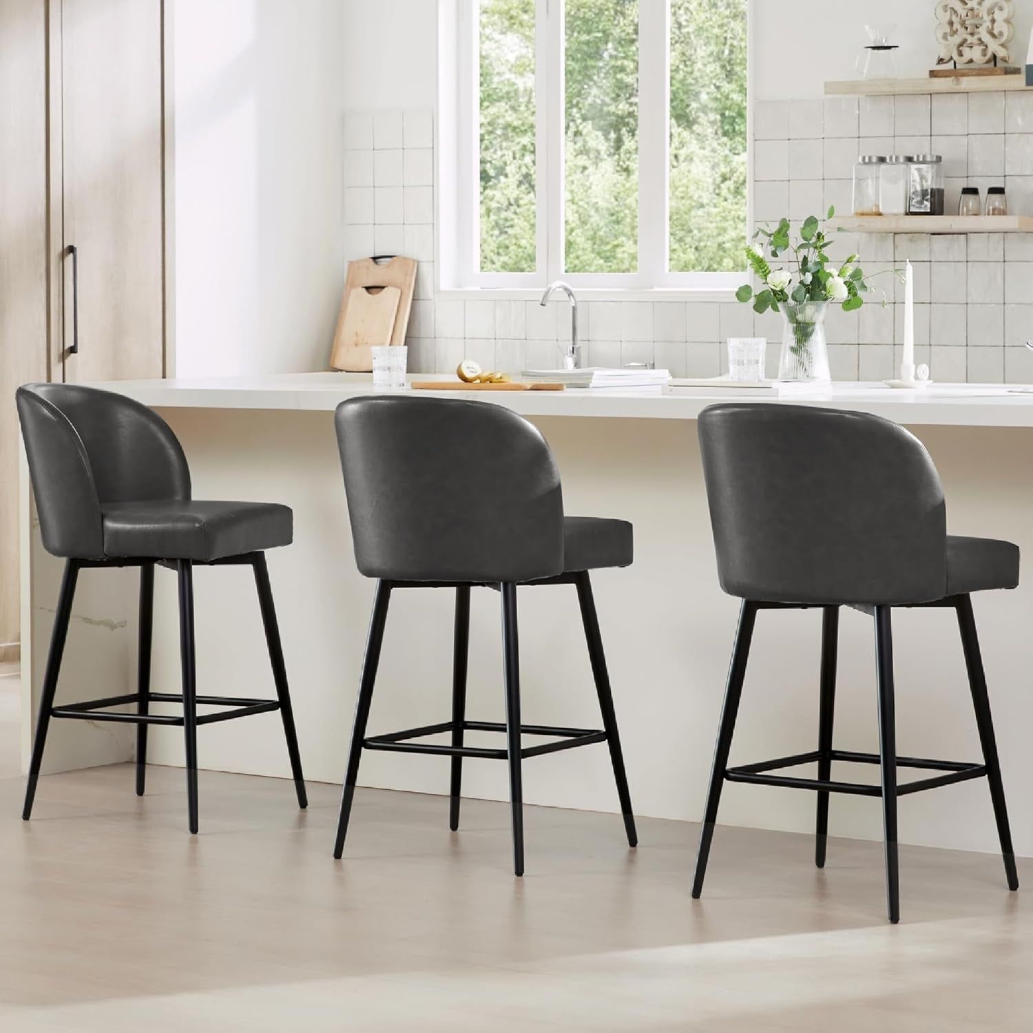 Counter Height Bar Stools Set of 3, 360° Swivel Upholstered Barstools with Backs and Metal Legs, 26&quot; H Seat Height, Faux Leather in Grey