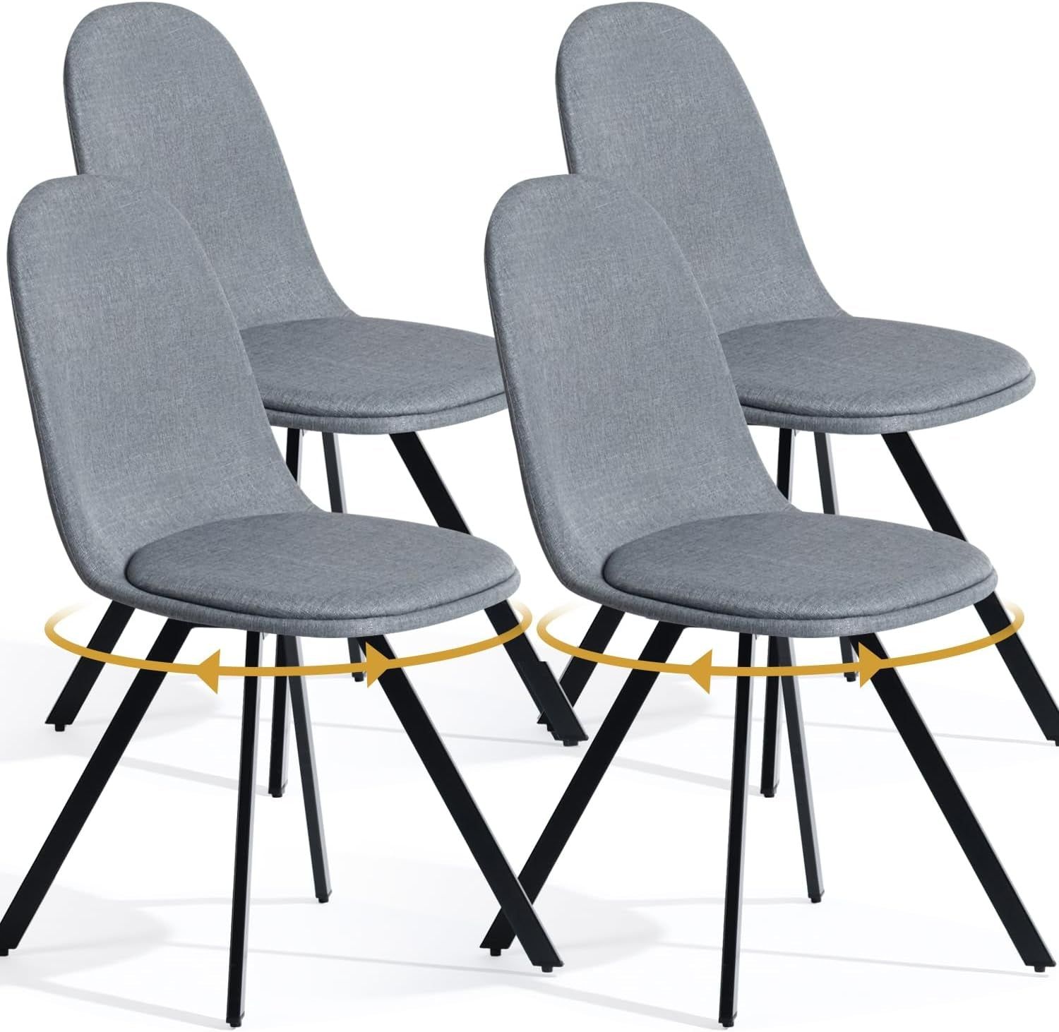 Dining Chairs Swivel Set of 4, Fabric Accent Side Chair Armelss Mid Back with Padded Rotated Seat Cushion and Metal Legs for Kitchen, Dining Room, Living Room, Bedroom, Slubbed Grey