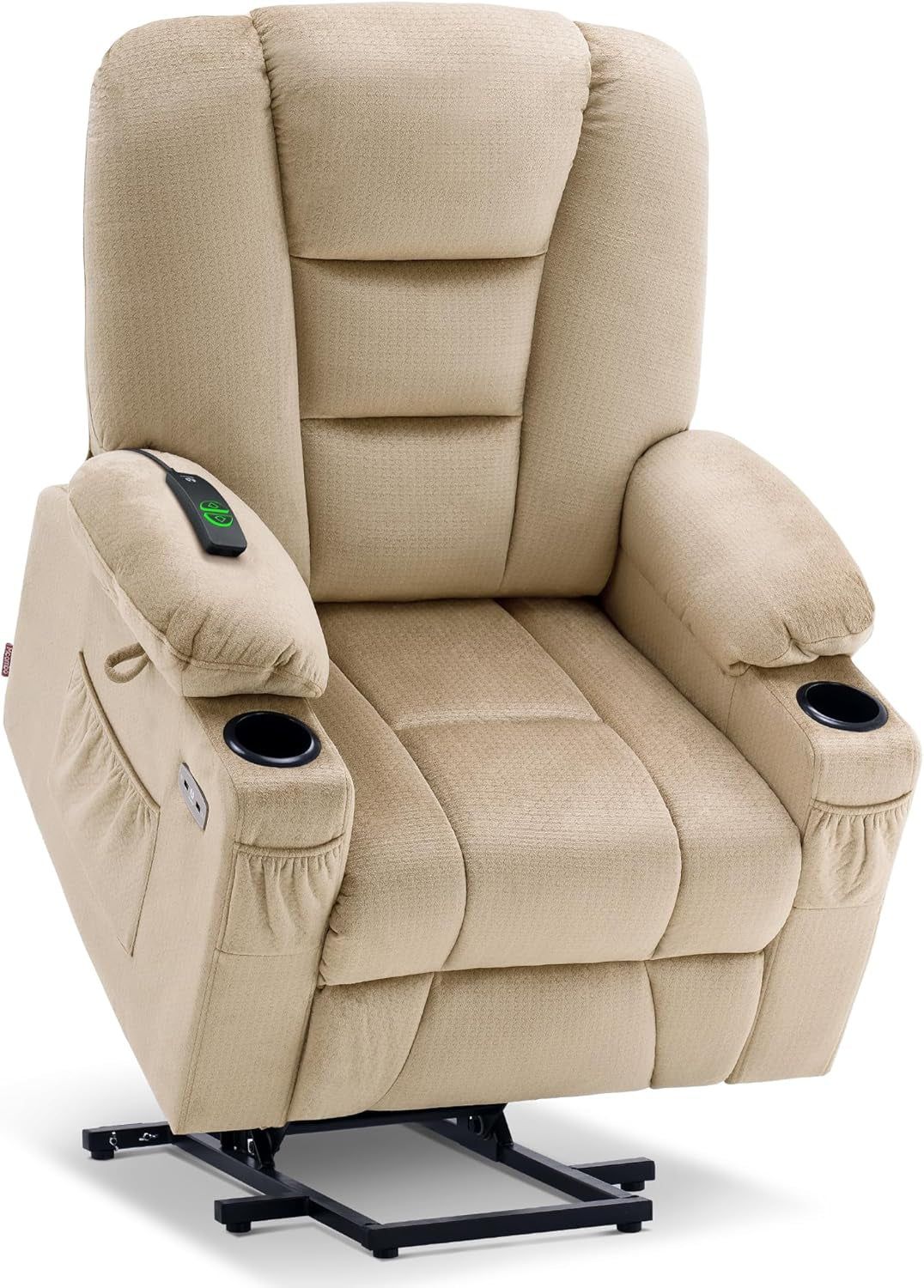 Power Lift Recliner Chair with Massage and Heat for Elderly People, Cup Holders, USB Ports, Side Pockets, Fabric 7529 (Medium, Beige)
