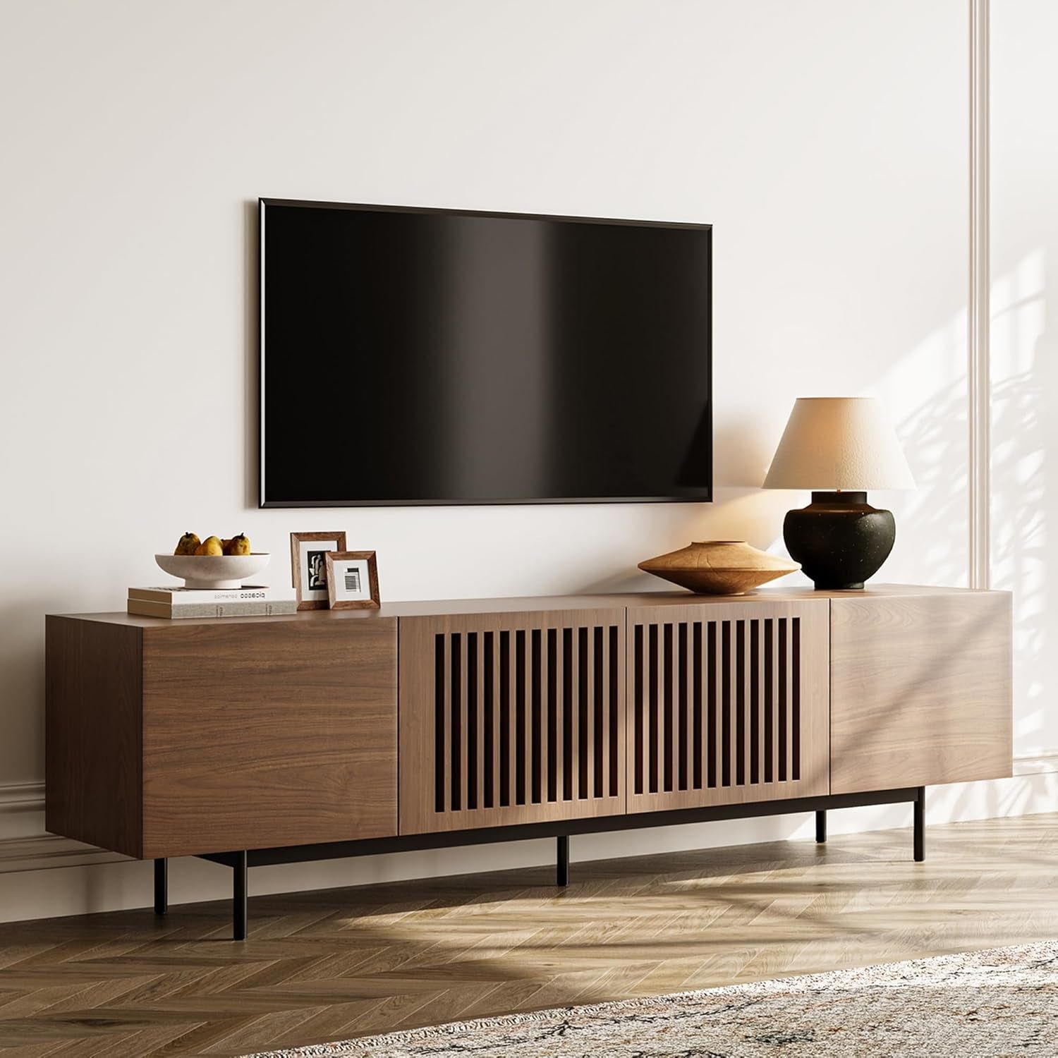 Modern Solid Wood TV Stand, Entertainment Center for 70 75+ Inch TV, Slatted Media Console TV Cabinet with Tall-Cast Metal Legs, Walnut Veneer, Fully-Assembled, 78&quot;