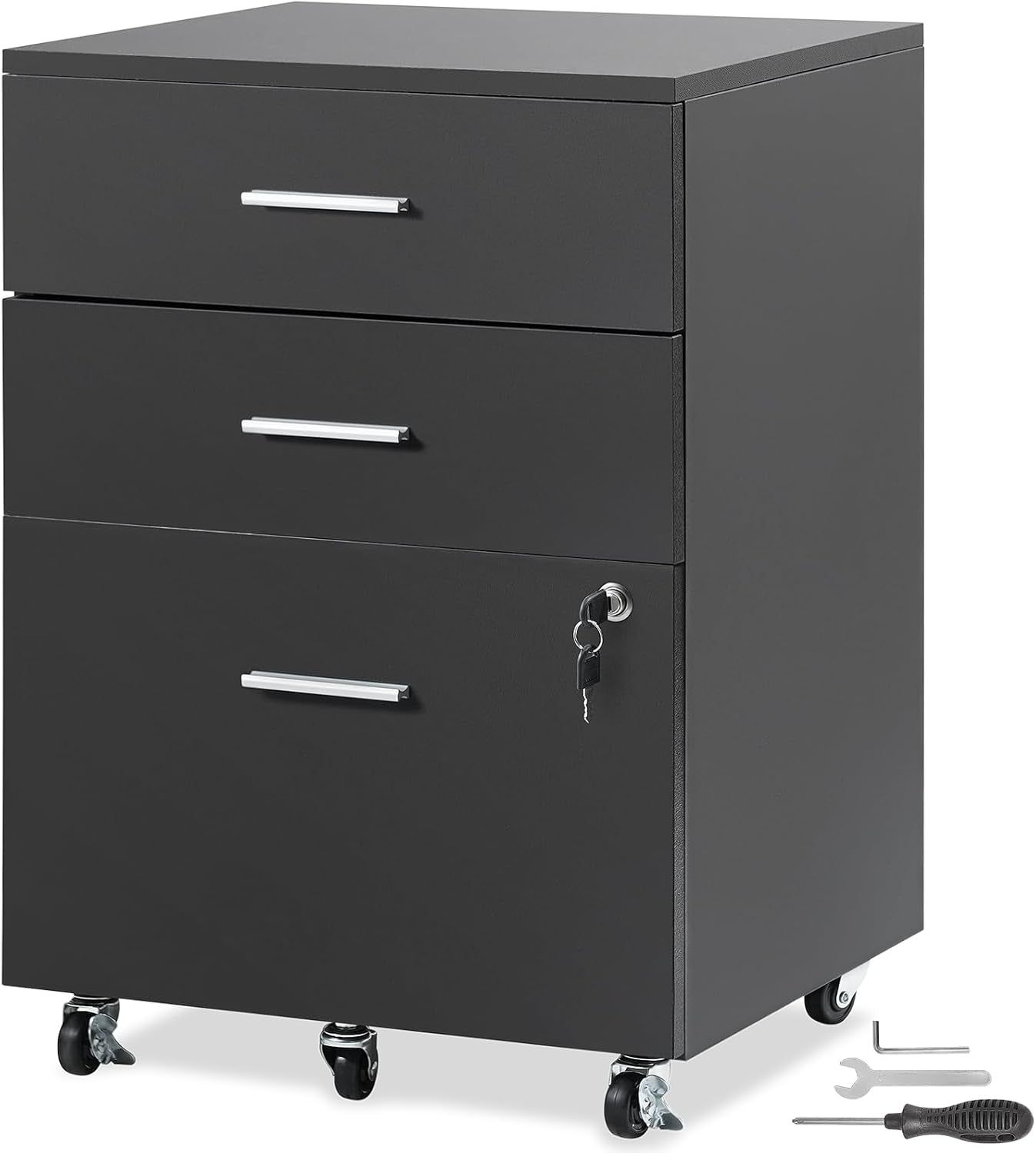 File Cabinet, 3-Drawer Wood Filing Cabinet, Locking Office Cabinet for Letter/A4 Size, File Cabinet with 5 Wheels for Home Office, Black