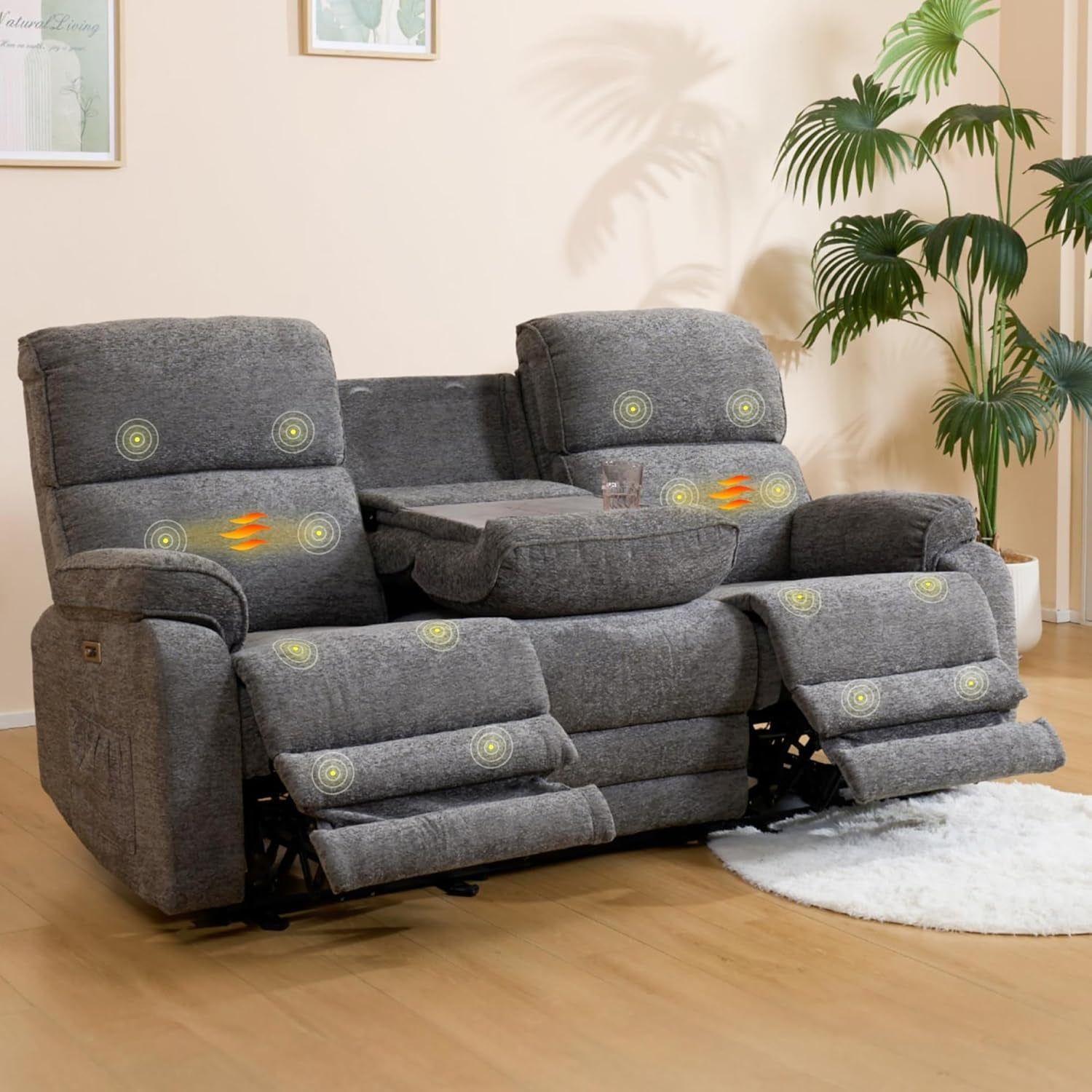 FLEXISOPT Power Recliner Sofa Couch, Electric Recliner Sofa W/Massage &amp; Heat, Charging Ports, Cup Holders, Zero Gravity Home Theater Seating Couch for Living Room, Dim Grey (XS4)