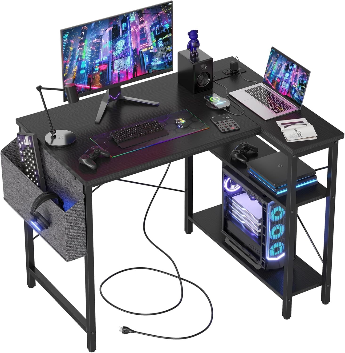 Small Computer Desk with Power Outlets, 40 Inch L Shaped Desk with Reversible Shelves, Gaming Desk Corner Desk Study Writing Table for Home Office Bedroom Living Room, Black
