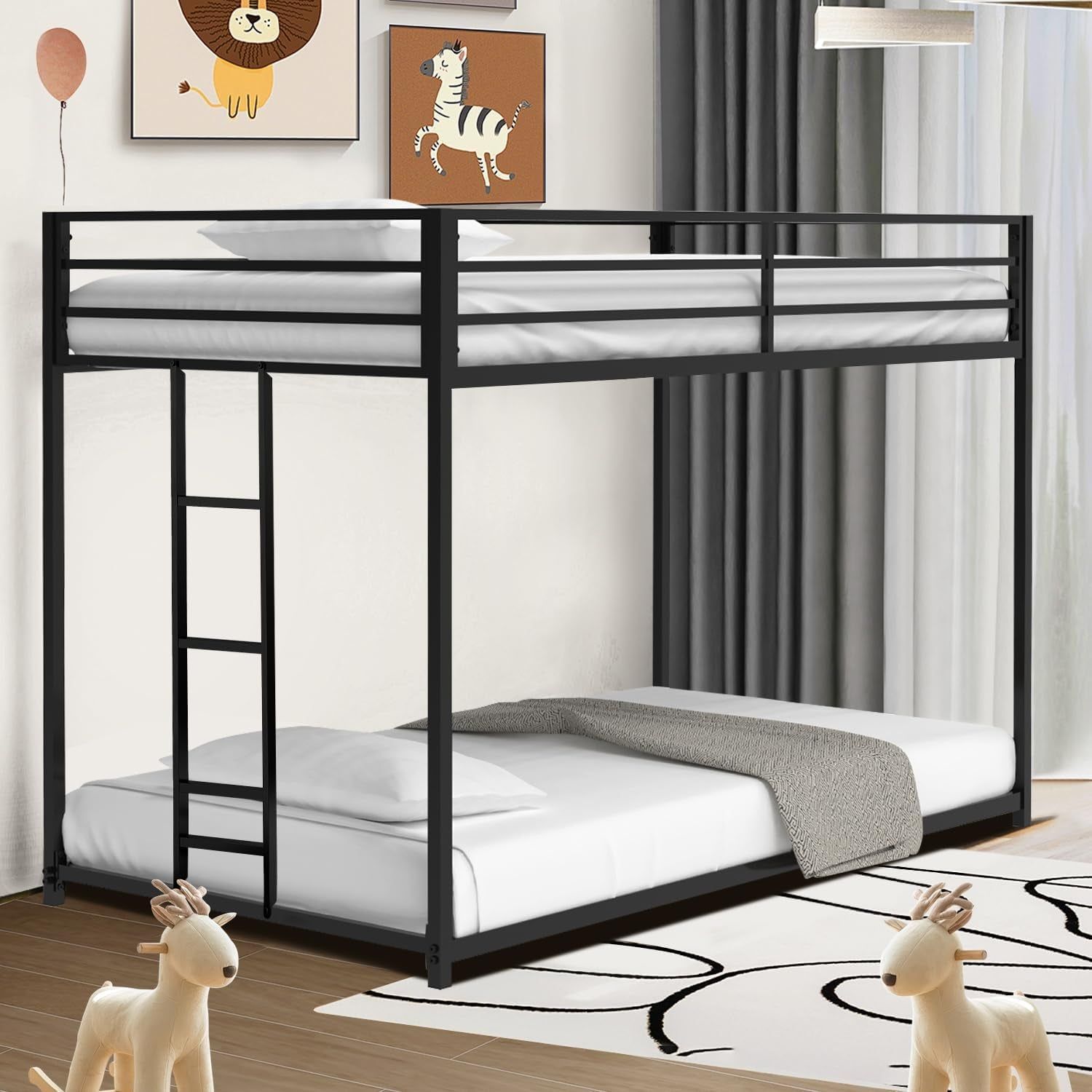 Twin over Twin Bunk Bed - Lifesky Metal Low Profile Bunkbed with Side Ladder Black